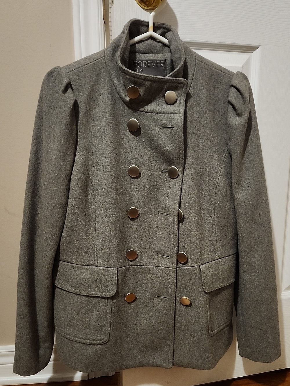 Forever 21 Gray Double-Breasted Peacoat with Stand Collar
